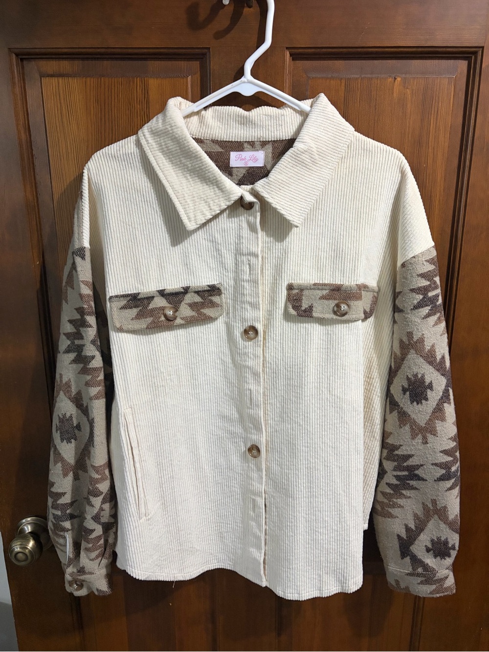 Pink Lily Cream Corduroy Jacket with Aztec Print Sleeves